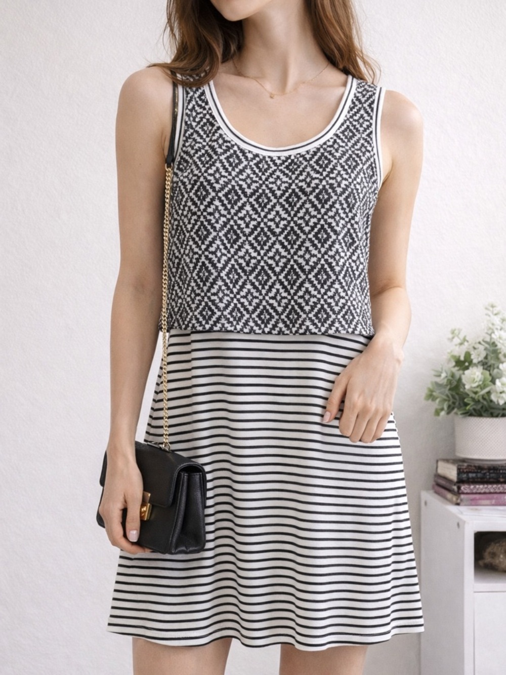 Skies Are Blue Mini Dress Black White Stripe Contrast Overlay Sleeveless
